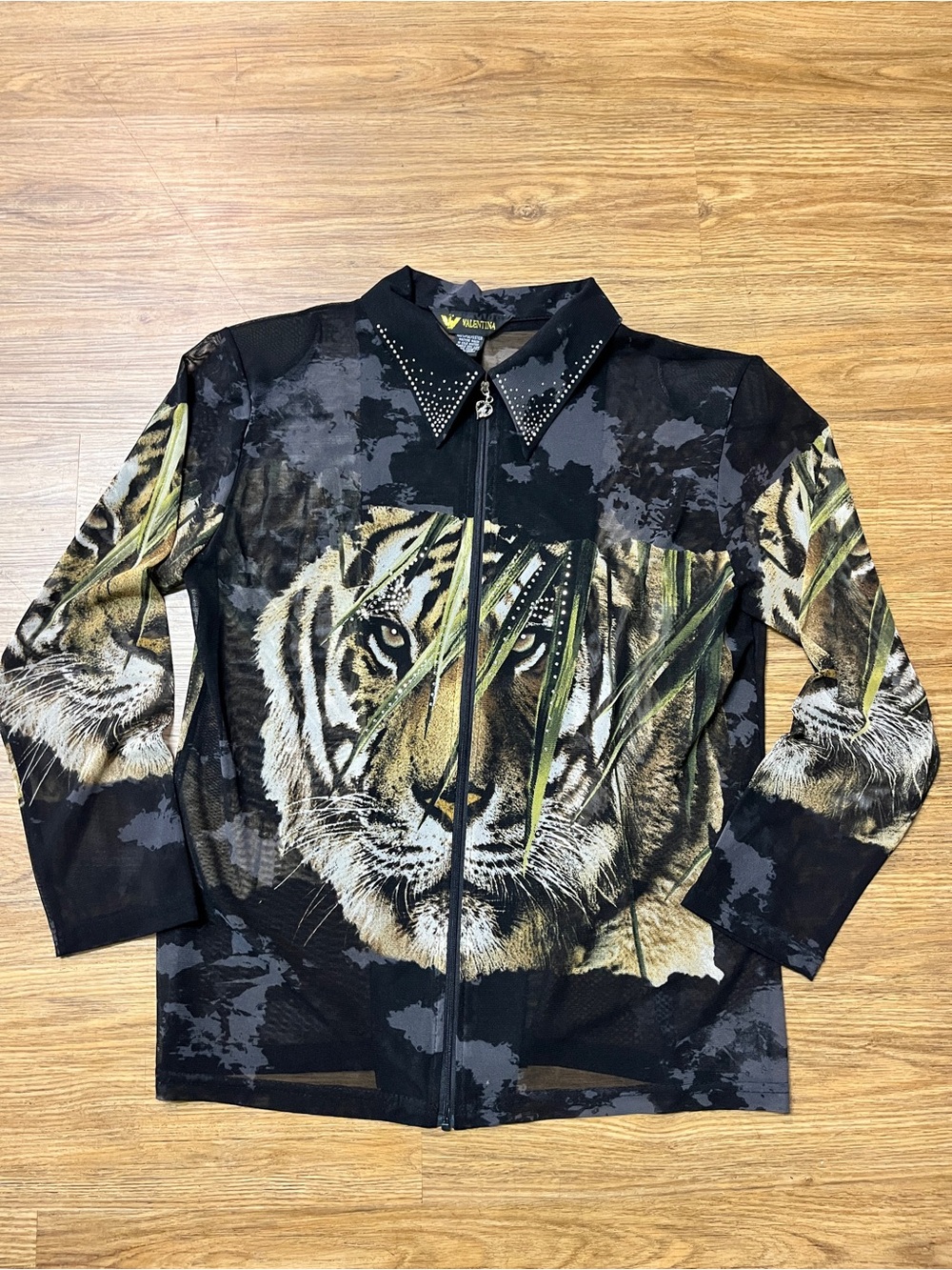 Vintage Valentina Tiger Graphic Mesh Zip Up Top Jacket Rhinestone Collar M